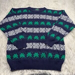 Emerald Isle Men's M Navy Green Four Leaf Clover Fair Isle Sweater Crew Ireland